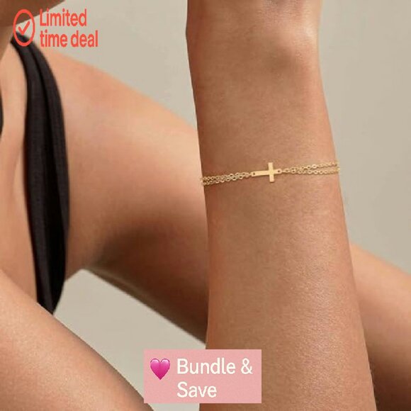 14K Gold Plated Cross Bracelet with Pearl Beads, Adjustable 9 Inch - Picture 3 of 7